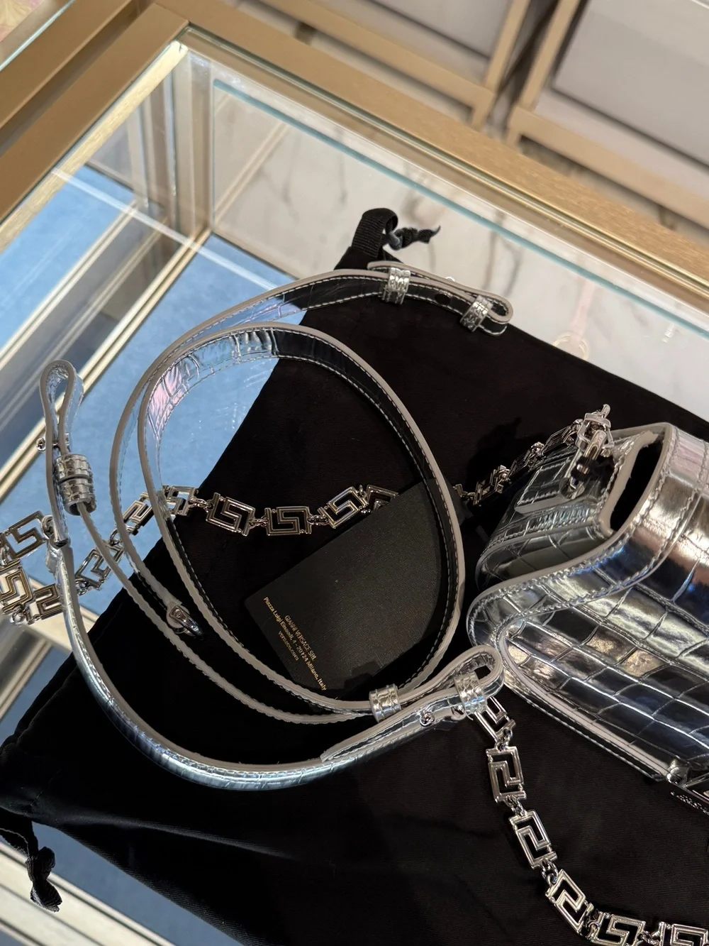 Versace Metallic Silver Croc-Embossed Crossbody Bag with Chain Strap - Picture 5 of 8